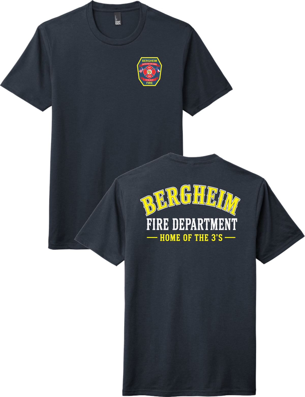 A dark navy blue short-sleeve t-shirt shown from both front and back. The front features a small Bergheim Fire Department shield logo on the left chest.