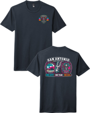 Black t-shirt with colorful graphics on front and back on a white background