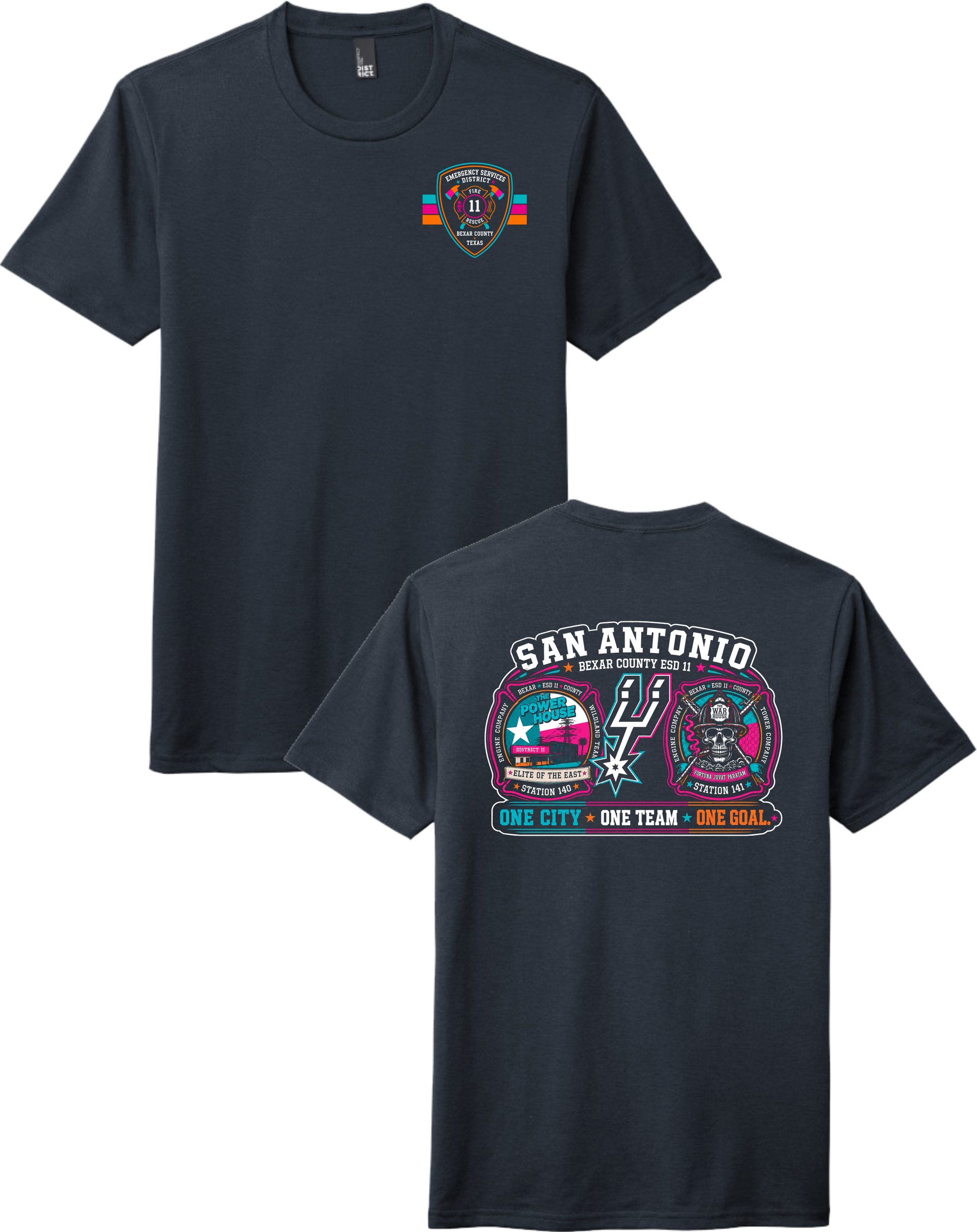 Black t-shirt with colorful graphics on front and back on a white background