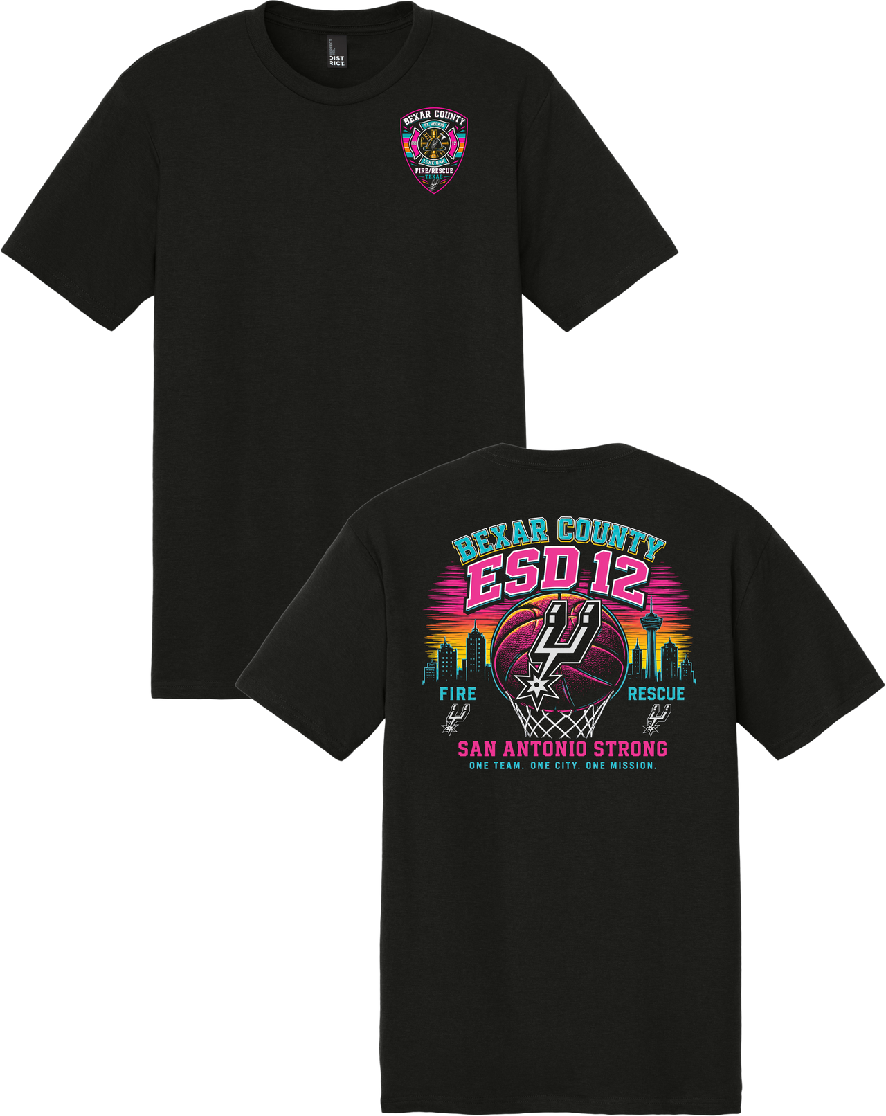 Black t-shirt with colorful graphics and text on front and back, featuring a basketball theme.