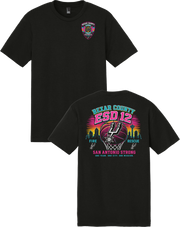 Black t-shirt with colorful graphics and text on front and back, featuring a basketball theme.