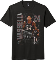 Black t-shirt with a graphic of a basketball player and text on a white background