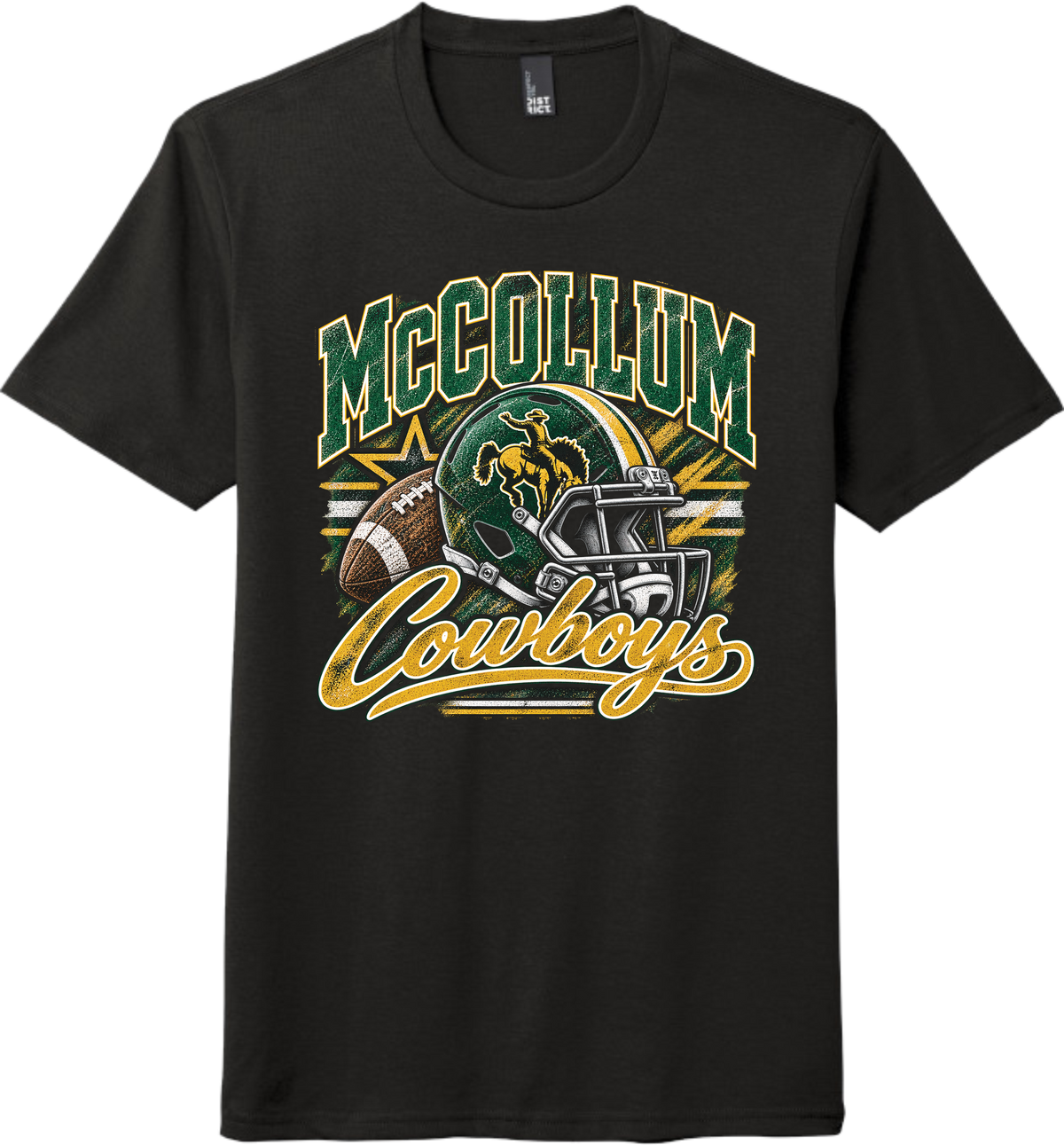 A black short-sleeve crewneck t-shirt featuring a 'McCollum Cowboys' football graphic on the front, including a helmet, football, and stars in green, yellow, and white.