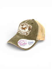 Vintage olive ponytail hat with genuine cowhide horse patch, Western embroidery, and tan mesh back.