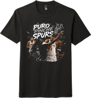 Black t-shirt with 'Puro Pinche Spurs' graphic featuring basketball players and team logo.