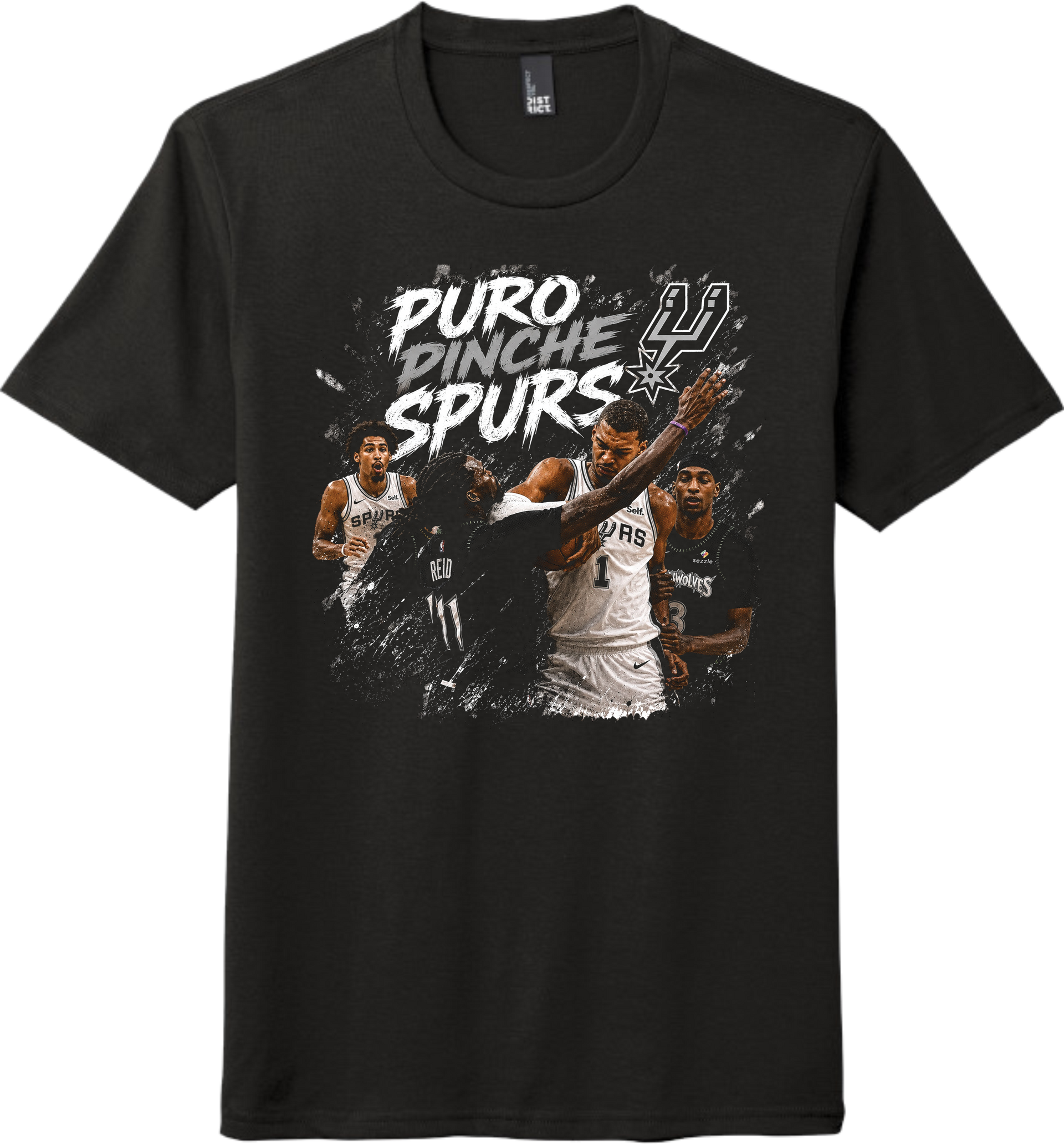 Black t-shirt with 'Puro Pinche Spurs' graphic featuring basketball players and team logo.