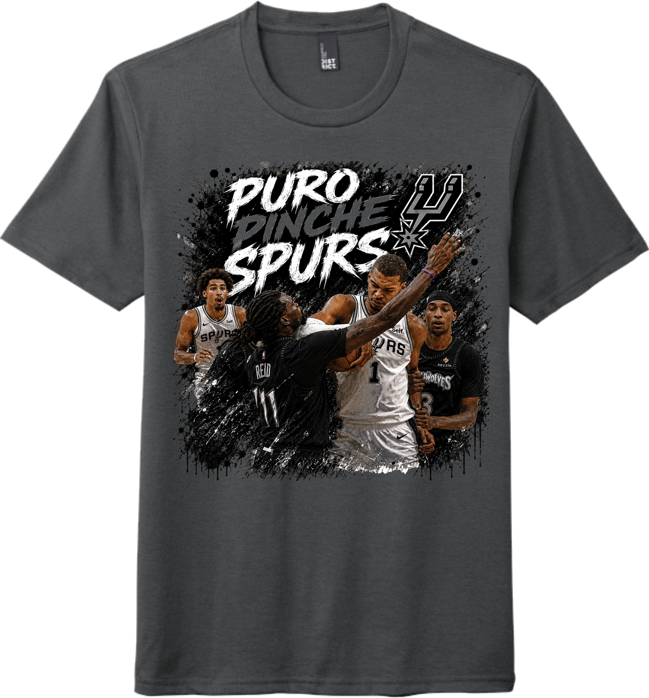 Gray t-shirt with Spurs basketball players and 'Puro Pinche Spurs' text on a white background
