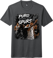 Gray t-shirt with Spurs basketball players and 'Puro Pinche Spurs' text on a white background