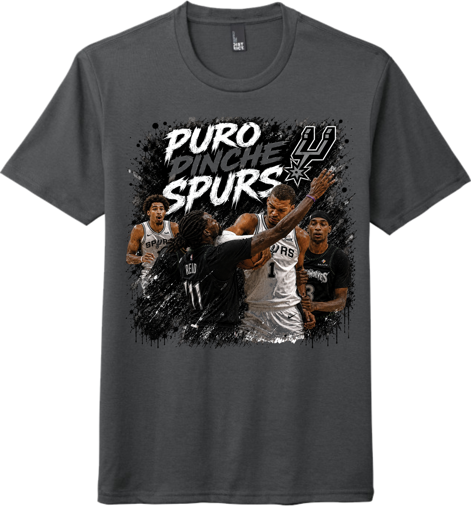 Gray t-shirt with Spurs basketball players and 'Puro Pinche Spurs' text on a white background