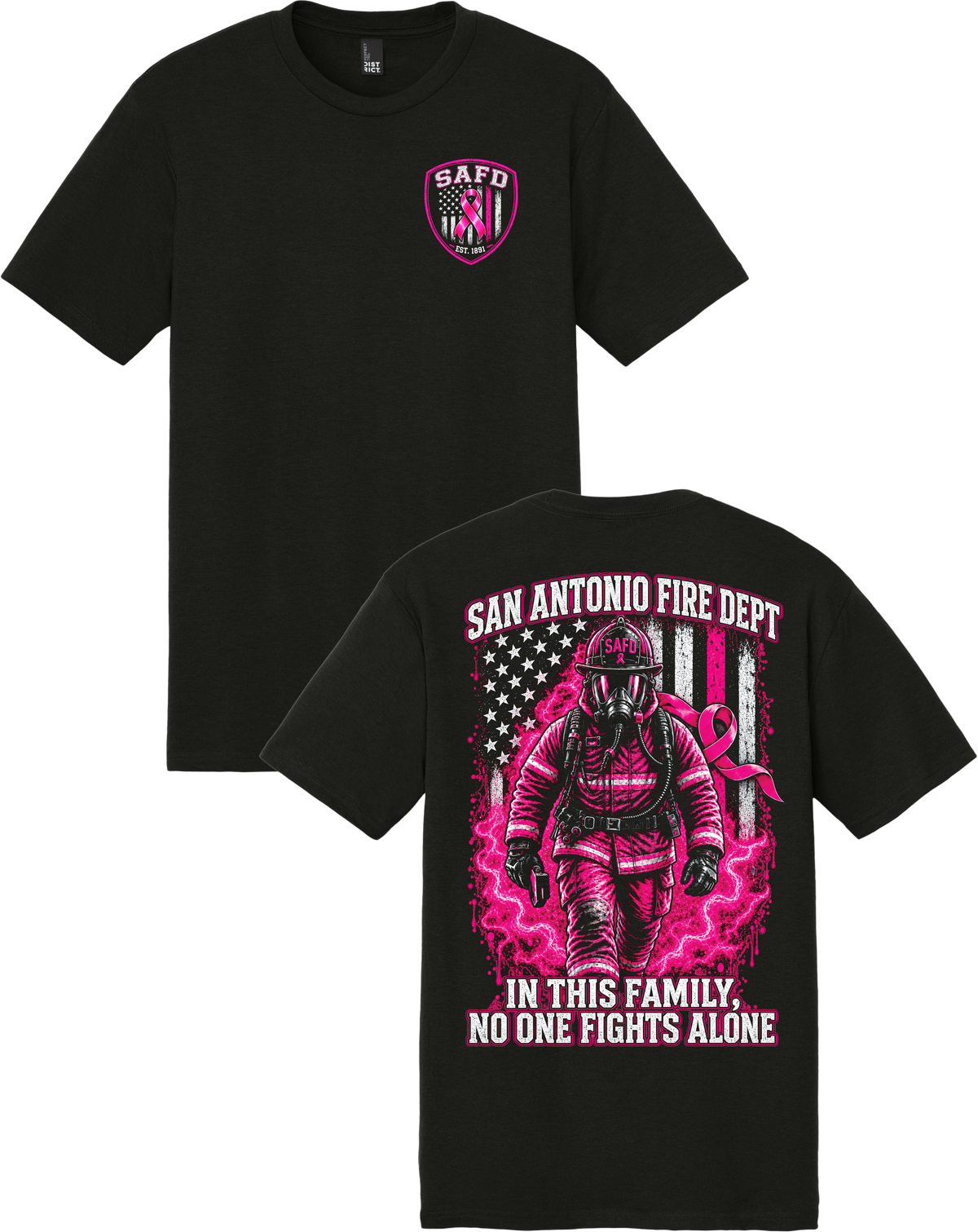 Support the fight with our SAFD Breast Cancer Awareness Firefighter T-Shirt. Featuring a coordinating SAFD pink-ribbon shield on the front and a powerful firefighter, American flag, and breast cancer awareness design on the back, this shirt carries a simple message: “In This Family, No One Fights Alone.” Available in Black and Navy.