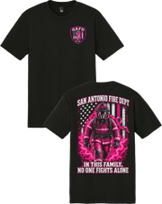Support the fight with our SAFD Breast Cancer Awareness Firefighter T-Shirt. Featuring a coordinating SAFD pink-ribbon shield on the front and a powerful firefighter, American flag, and breast cancer awareness design on the back, this shirt carries a simple message: “In This Family, No One Fights Alone.” Available in Black and Navy.