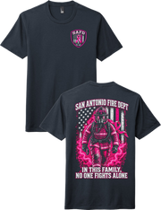 Support the fight with our SAFD Breast Cancer Awareness Firefighter T-Shirt. Featuring a coordinating SAFD pink-ribbon shield on the front and a powerful firefighter, American flag, and breast cancer awareness design on the back, this shirt carries a simple message: “In This Family, No One Fights Alone.” Available in Black and Navy.