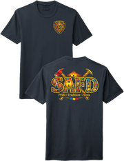 Black t-shirt with colorful 'SAFD' logo and text on a white background