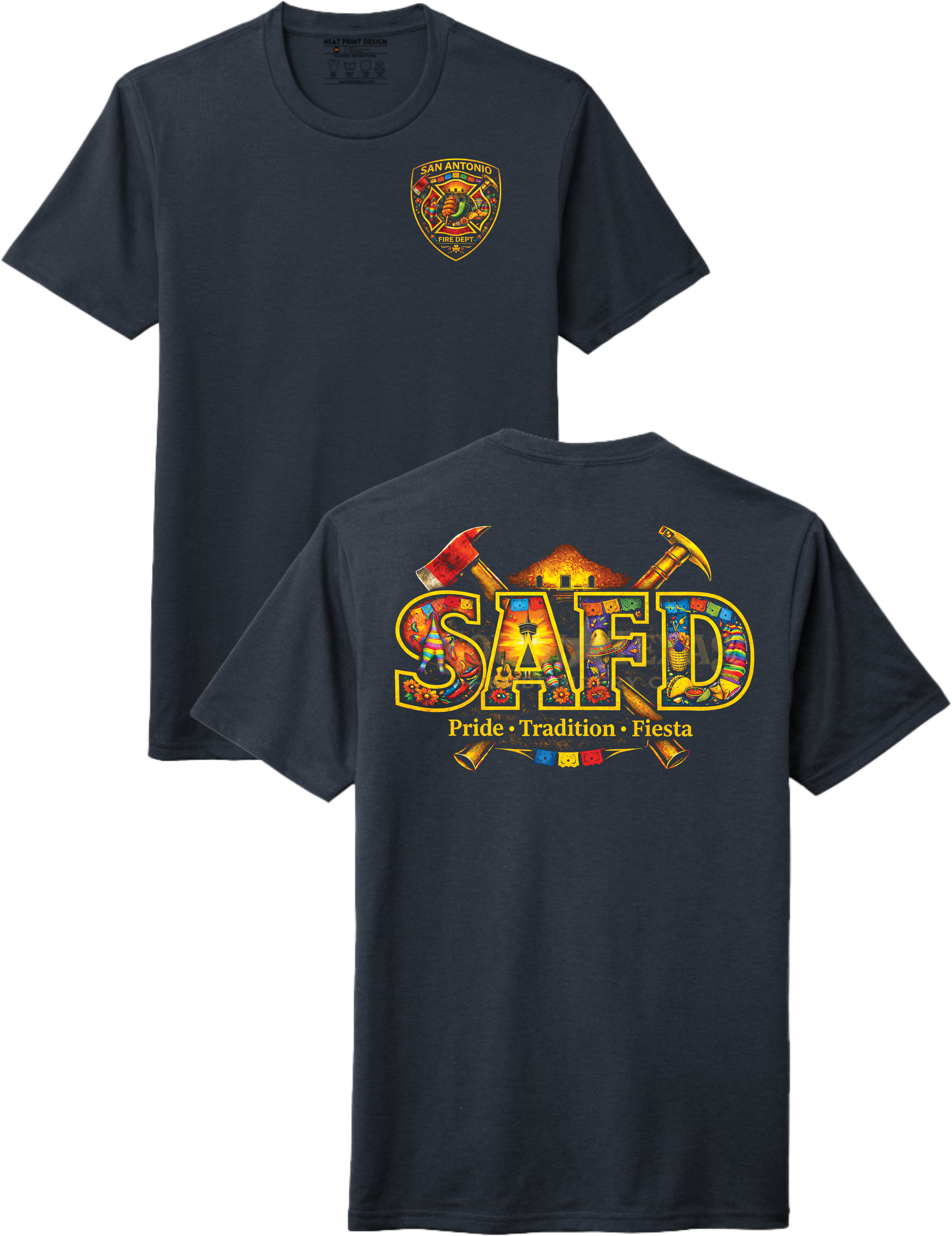 Black t-shirt with colorful 'SAFD' logo and text on a white background