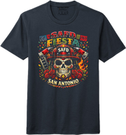 Black t-shirt with colorful graphic design featuring a skull, helmet, and text on a white background