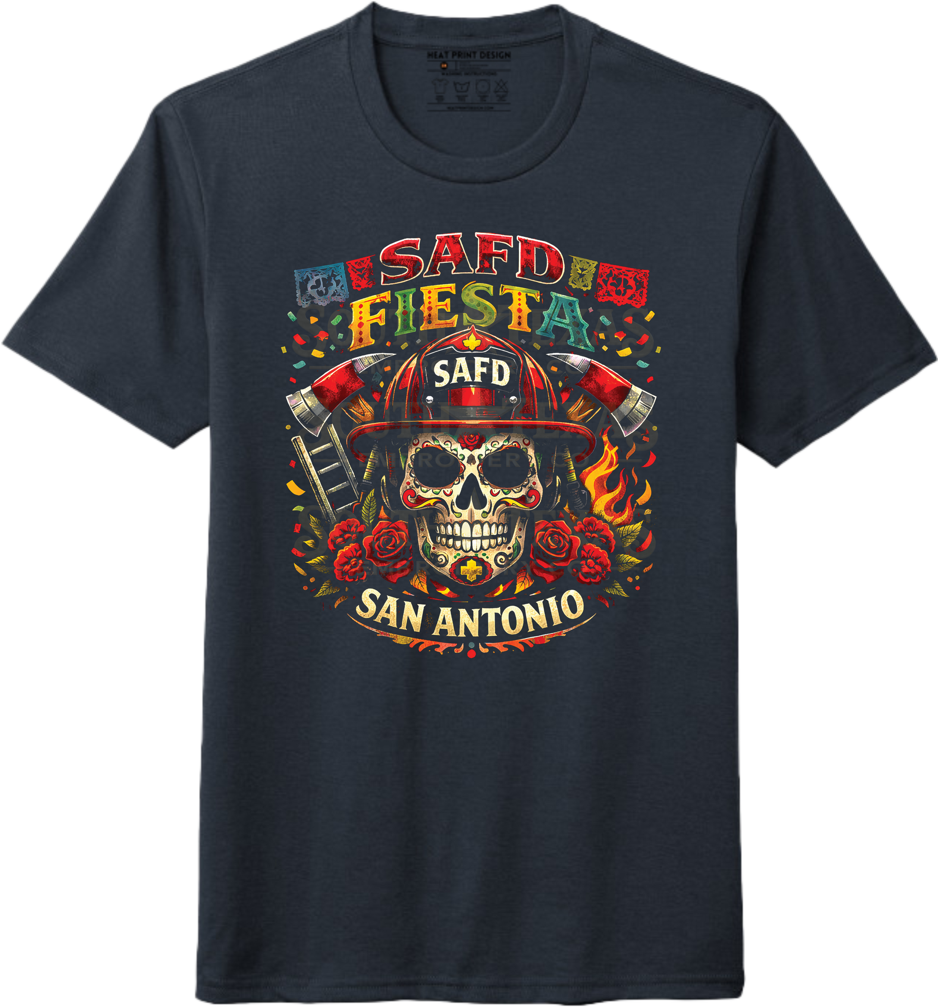 Black t-shirt with colorful graphic design featuring a skull, helmet, and text on a white background