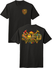 Black t-shirt with colorful graphics and text on a white background