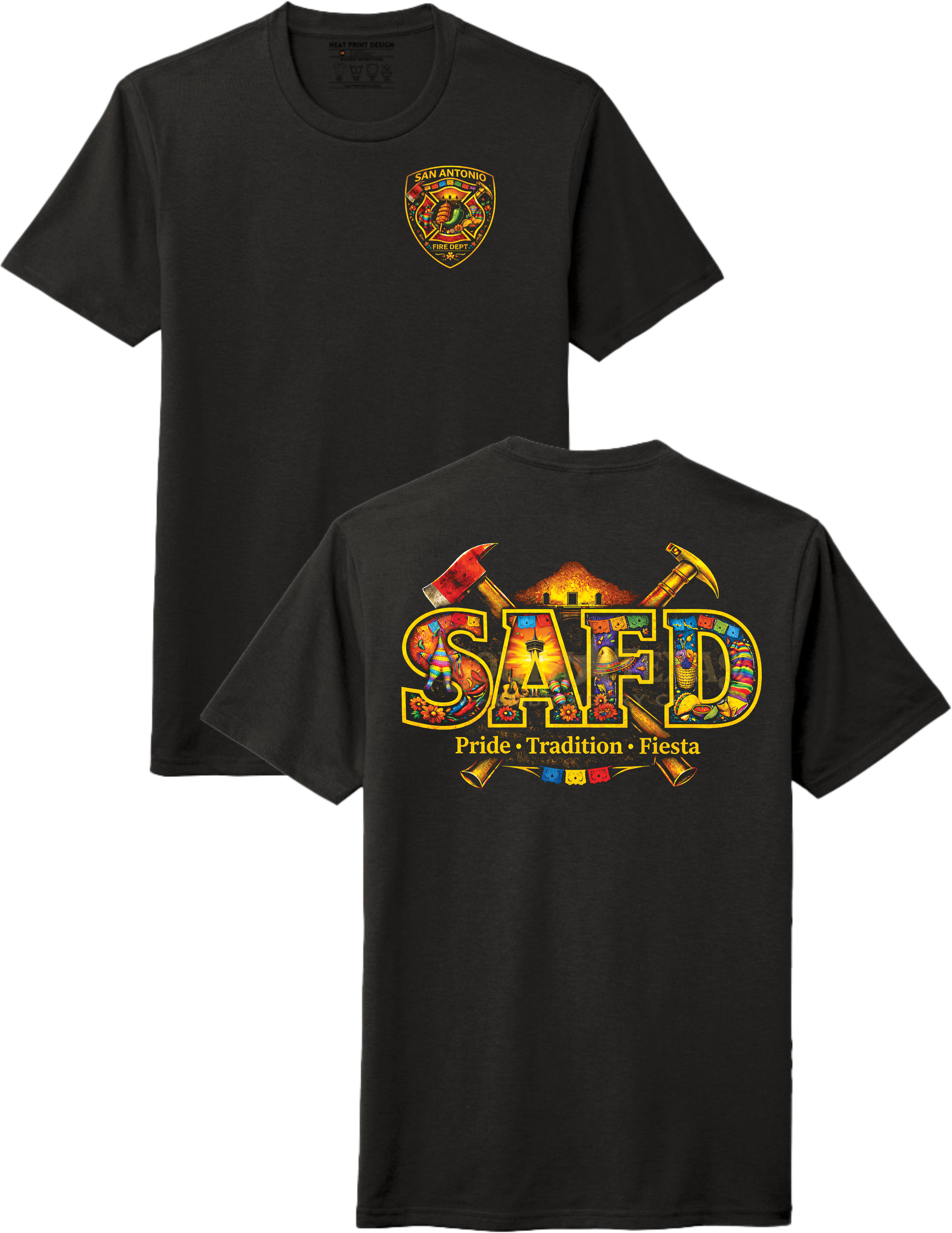 Black t-shirt with colorful graphics and text on a white background