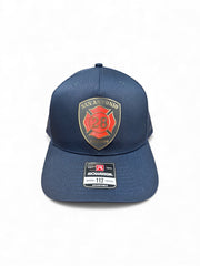 Blue cap with a San Antonio fire department logo on a white background