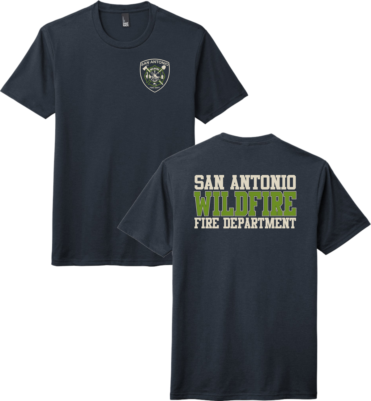SAFD Wildfire navy blue short-sleeve t-shirts shown, with the front view on the left and back view on the right. The front shirt has a small shield-style chest emblem reading San Antonio Wildfire Department.