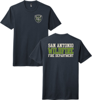 SAFD Wildfire navy blue short-sleeve t-shirts shown, with the front view on the left and back view on the right. The front shirt has a small shield-style chest emblem reading San Antonio Wildfire Department.