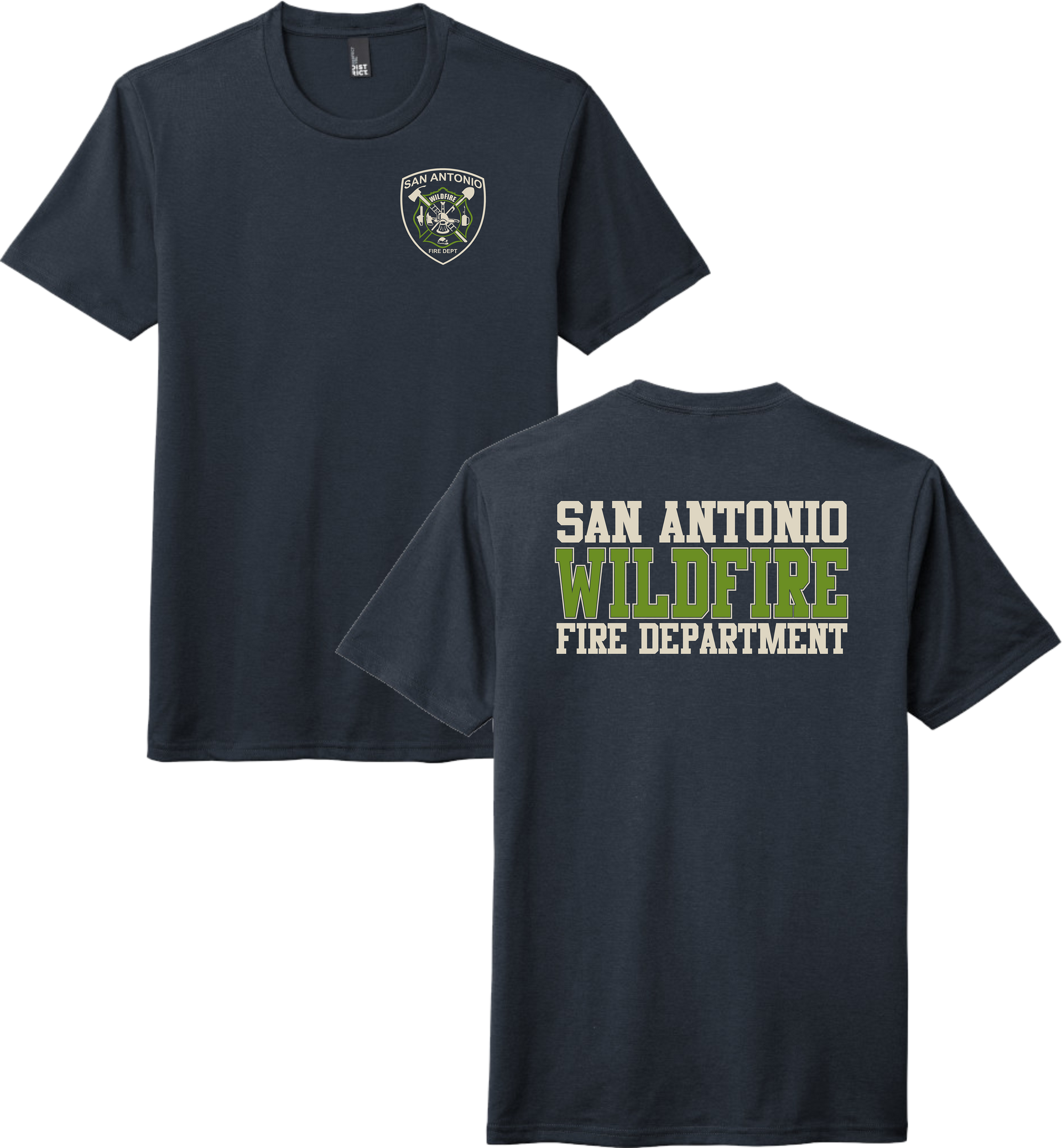 SAFD Wildfire navy blue short-sleeve t-shirts shown, with the front view on the left and back view on the right. The front shirt has a small shield-style chest emblem reading San Antonio Wildfire Department.