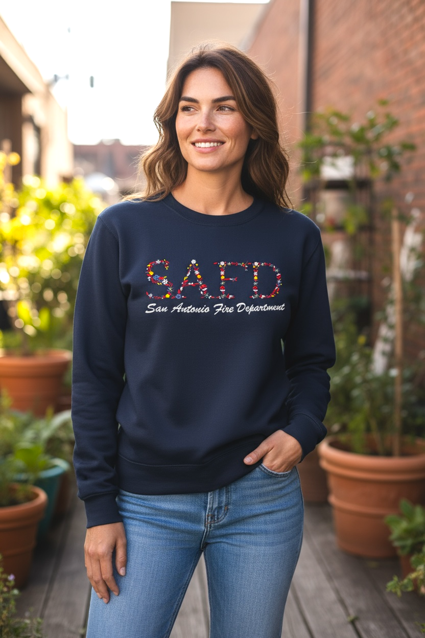 Woman wearing a navy blue sweatshirt with 'SAFD' and 'San Antonio Fire Department' text, standing outdoors.