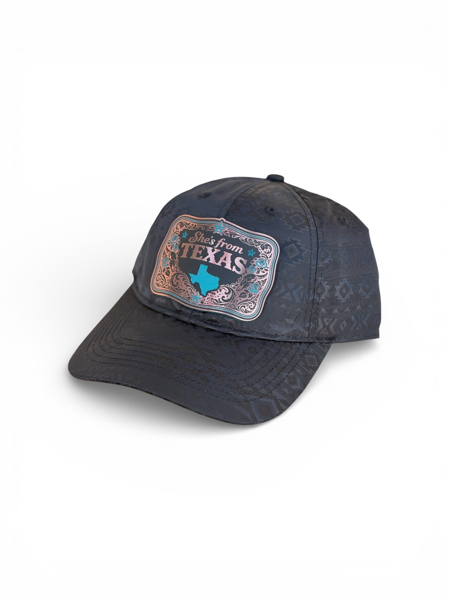 Black cap with 'Sass from Texas' patch on a white background