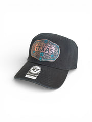 Black cap with 'She's From Texas' and '47' logo on a white background