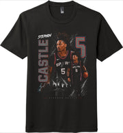 Black t-shirt with a graphic of a basketball player and text on a white background