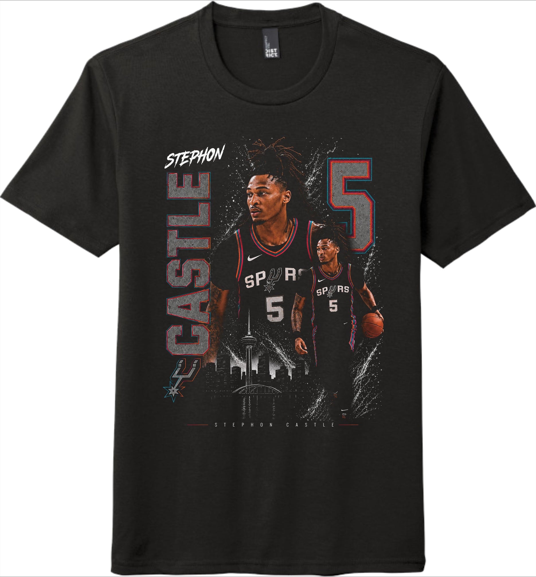 Black t-shirt with a graphic of a basketball player and text on a white background