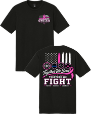 Black short-sleeve t-shirt shown from both front and back. The front has a small pink and white 'United Care Fund' logo on the left chest.