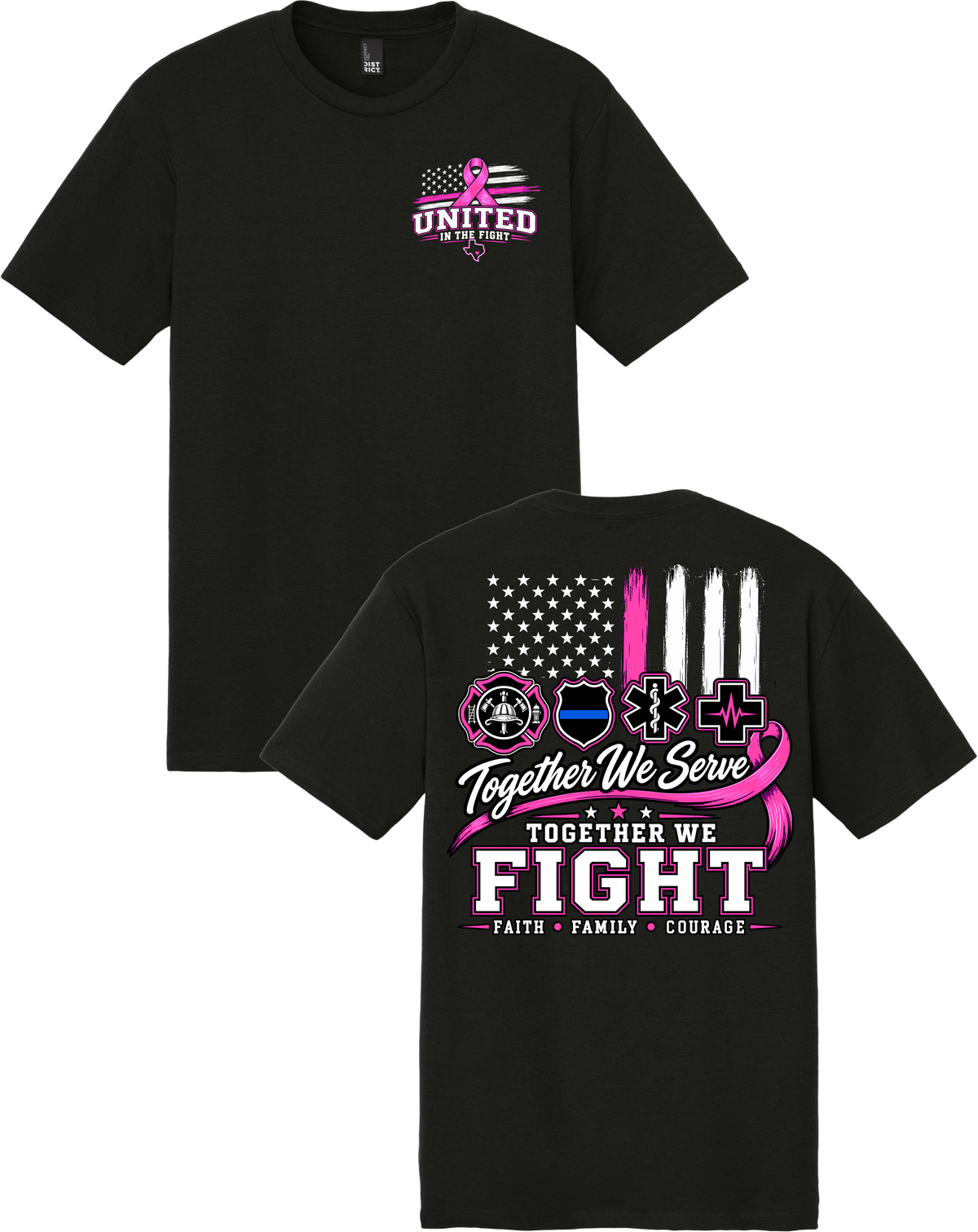 Black short-sleeve t-shirt shown from both front and back. The front has a small pink and white 'United Care Fund' logo on the left chest.