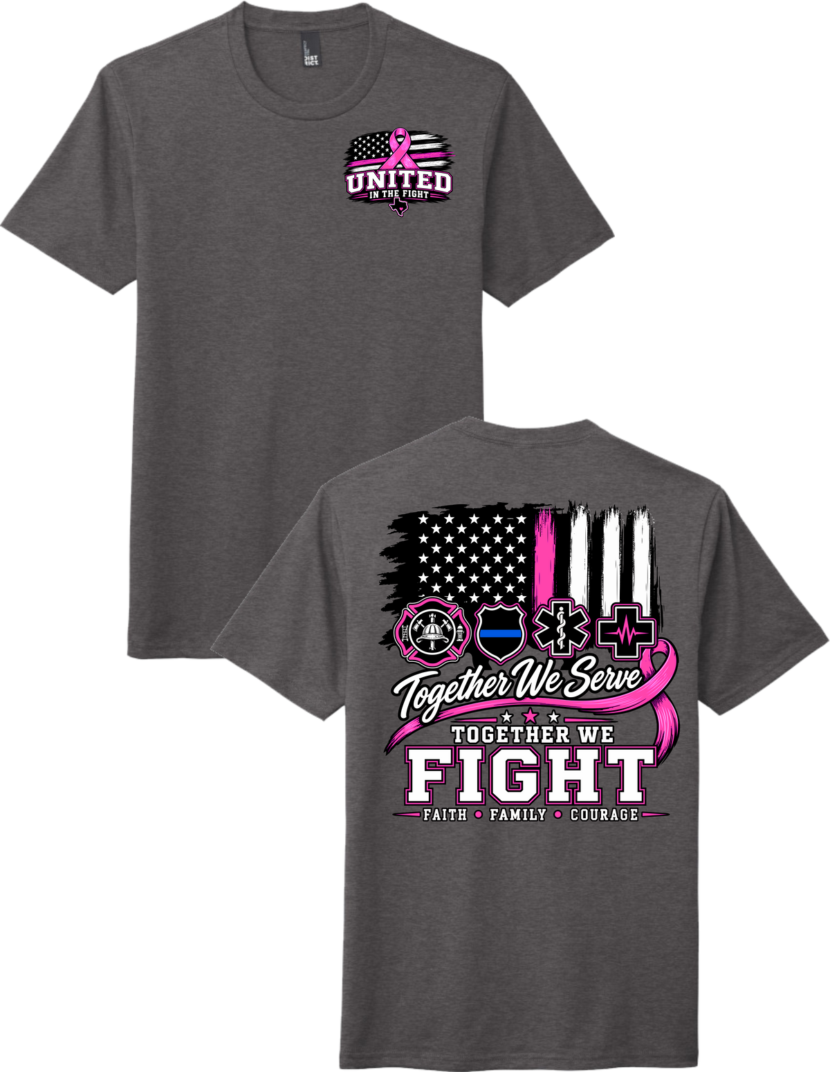 A dark gray heather t-shirt shown from both the front and back. The front features a small pink and white 'United in Care' ribbon and flag graphic on the left chest.