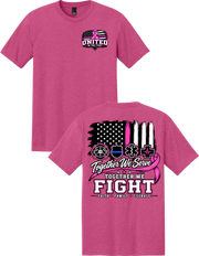 A pink short-sleeve crewneck t-shirt shown from both front and back. The front features a small 'United Colors of Benetton' style logo with a pink awareness ribbon and distressed American flag.