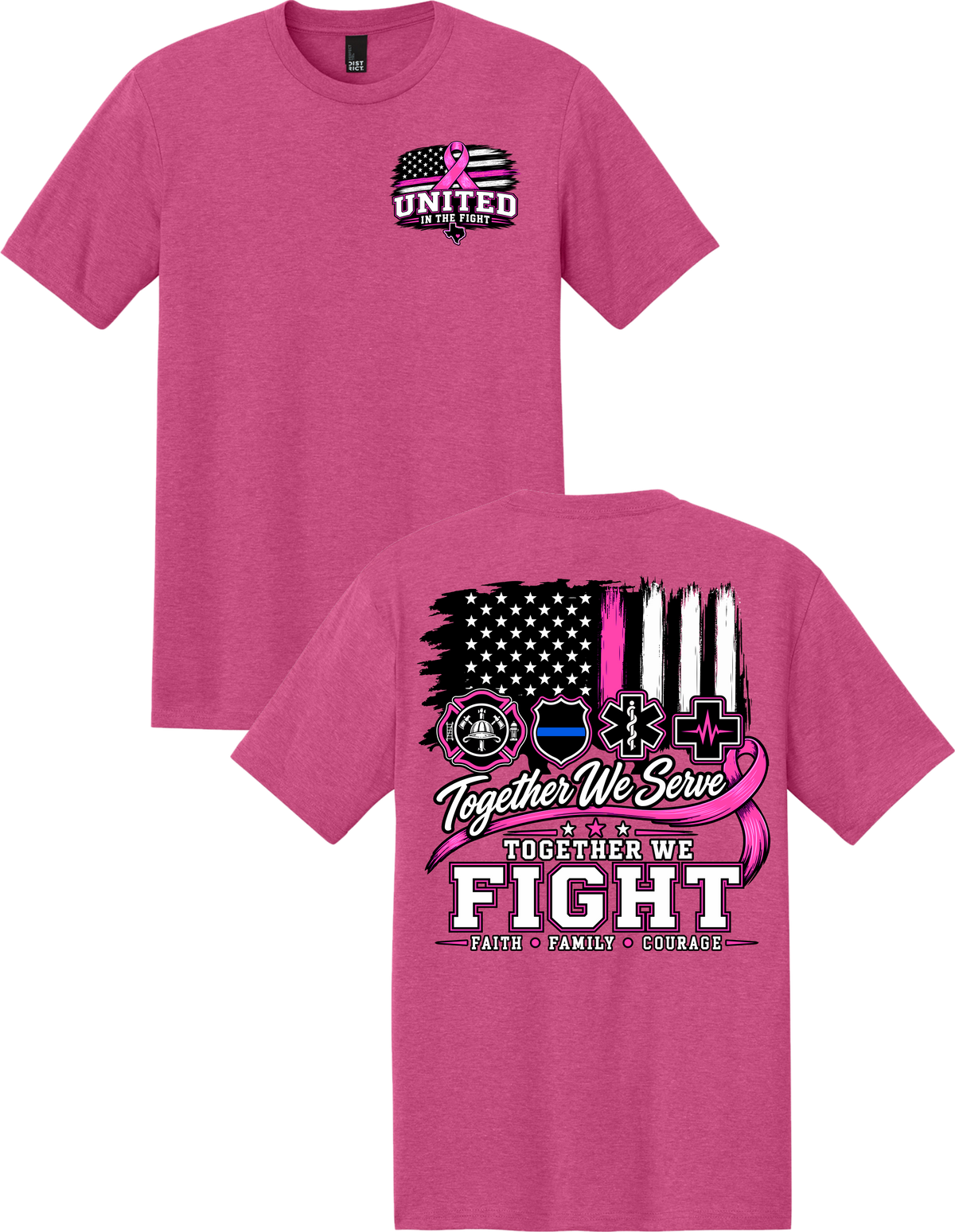 A pink short-sleeve crewneck t-shirt shown from both front and back. The front features a small 'United Colors of Benetton' style logo with a pink awareness ribbon and distressed American flag.