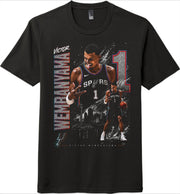 Black t-shirt with a graphic of a basketball player and text on a white background