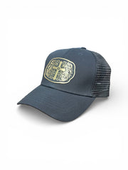 black cap with gold emblem on a white background