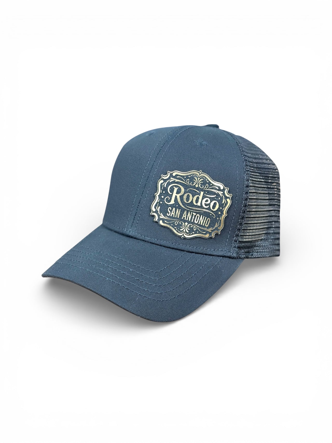 Black Rodeo San Antonio trucker hat with gold Western patch and black mesh back.