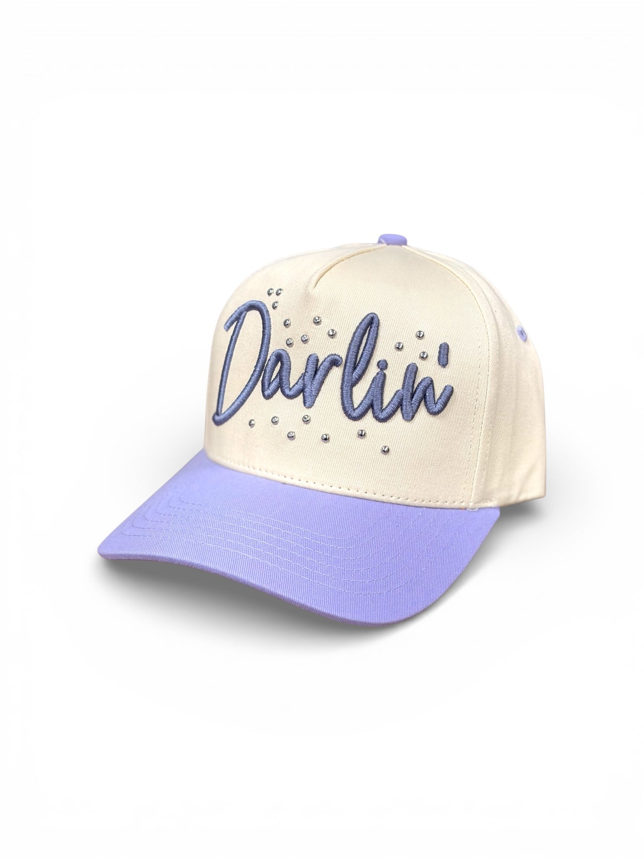 Cream and lavender hat with raised 3D puff Darlin’ embroidery and rhinestone accents.