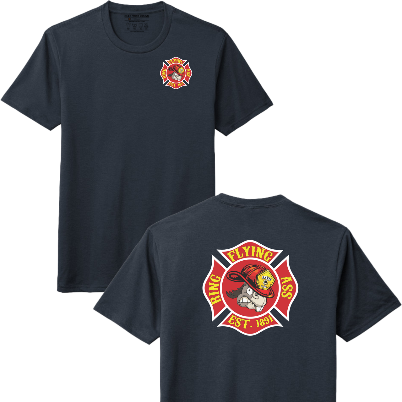 Black t-shirt with a fire department logo on the front and back, on a white background.