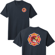 Black t-shirt with a fire department logo on the front and back, on a white background.