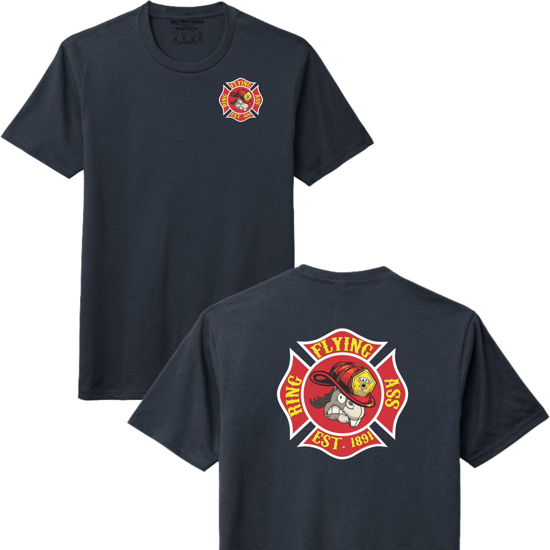 Black t-shirt with a fire department logo on the front and back, on a white background.